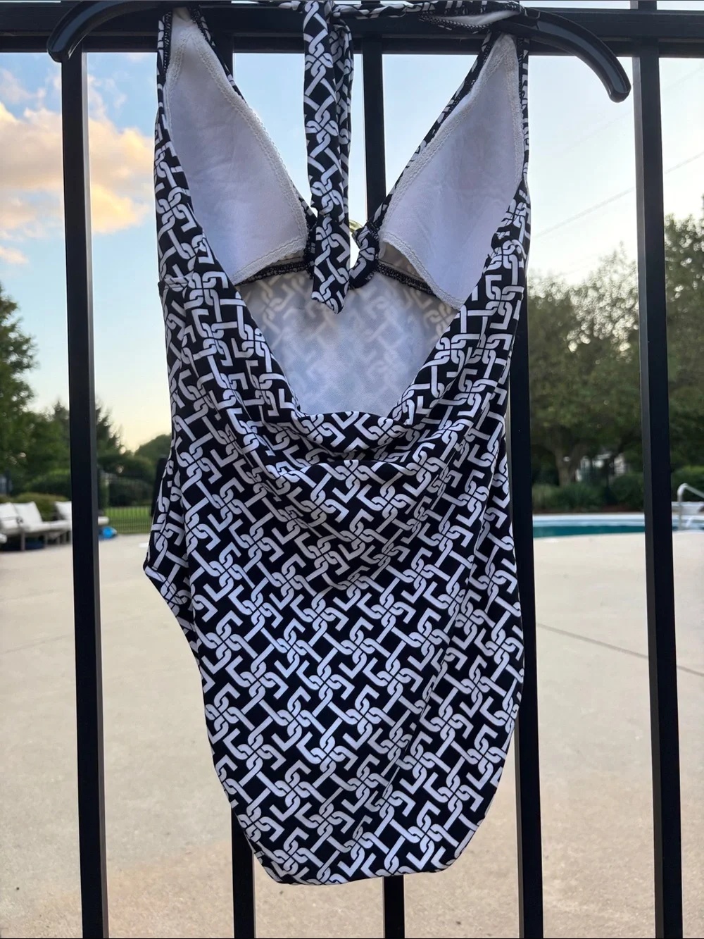 Chain  Black & White Chain-Print One-Piece Swimsuit Gold Ring at Bust